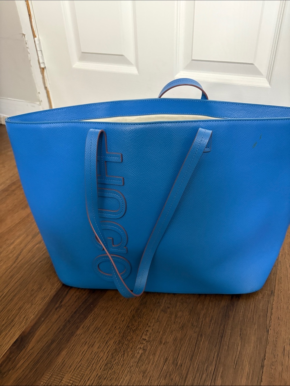 HUGO Bright Blue Text-Embossed Leather Tote